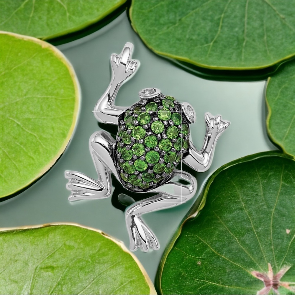 925 Sterling Silver White Topaz & Chrome Diopside Frog Necklace Charm Pendant